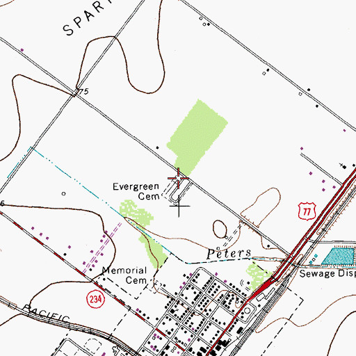 Topographic Map of Evergreen Cemetery, TX