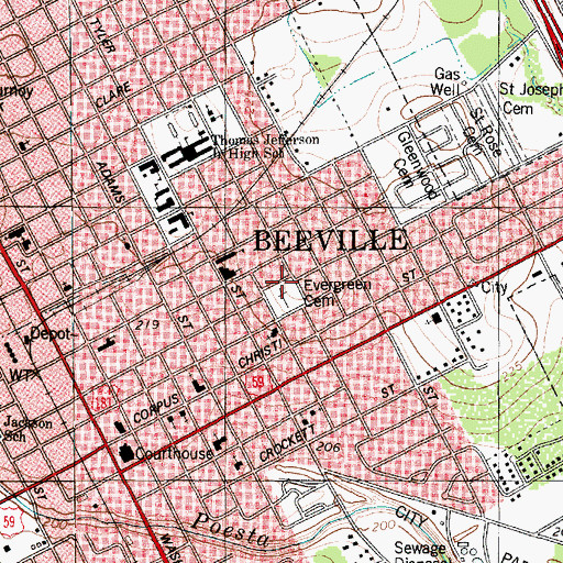 Topographic Map of Evergreen Cemetery, TX