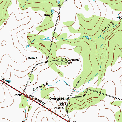 Topographic Map of Evergreen Cemetery, TX