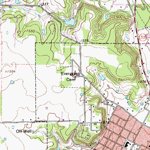 Topographic Map of Evergreen Cemetery, TX