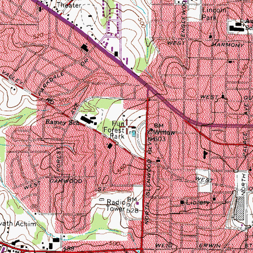 Topographic Map of Fun Forest Park, TX