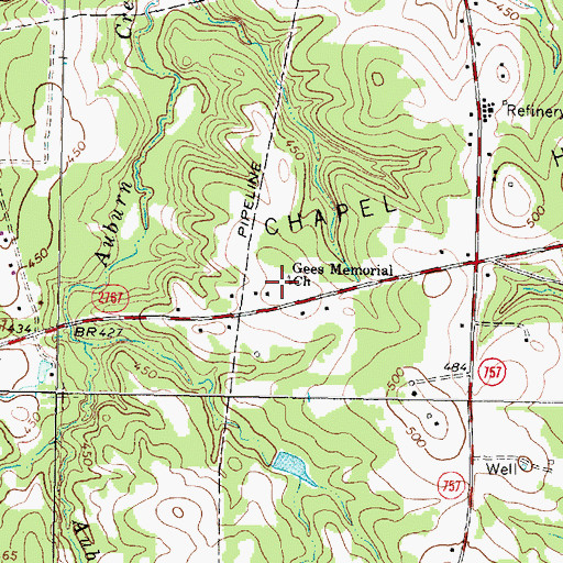 Topographic Map of Gees Memorial Church, TX