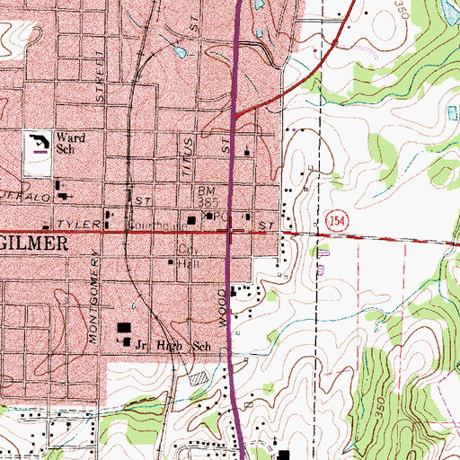 Topographic Map of Gilmer, TX