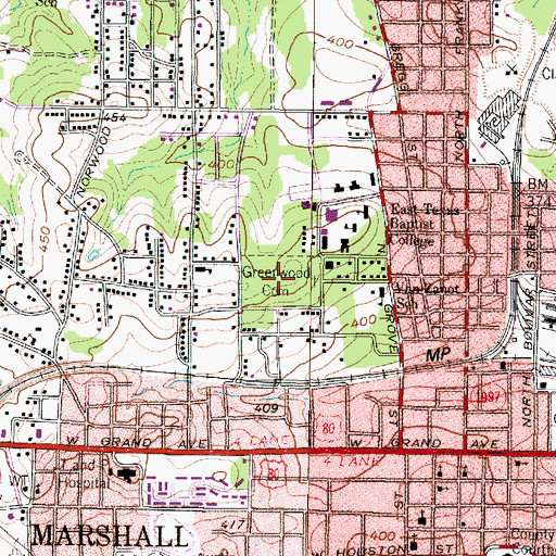 Topographic Map of Greenwood Cemetery, TX
