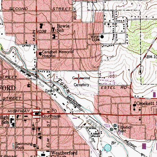 Topographic Map of Greenwood Cemetery, TX