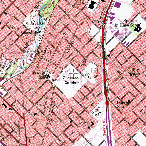 Topographic Map of Greenwood Cemetery, TX