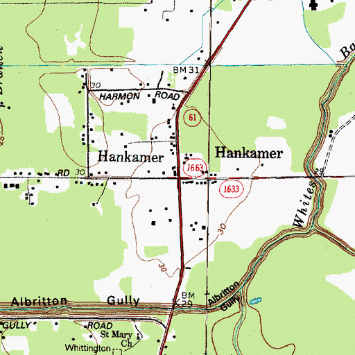 Topographic Map of Hankamer, TX