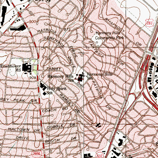 Topographic Map of Harmony Hills School, TX