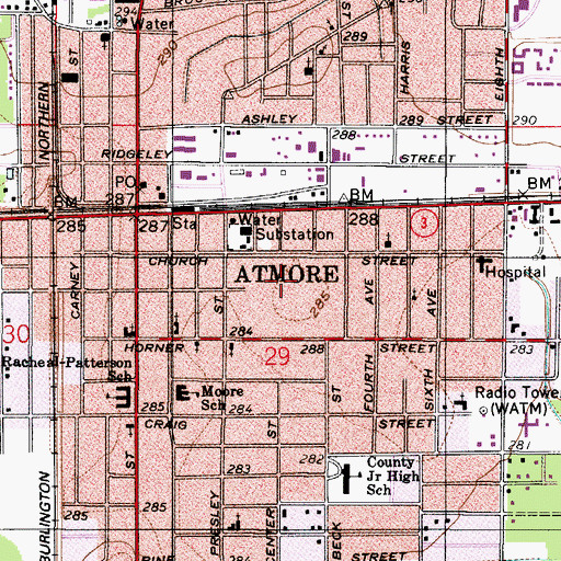 Topographic Map of Atmore Plaza Shopping Center, AL