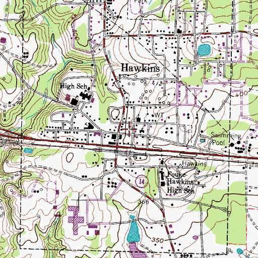Topographic Map of Hawkins, TX