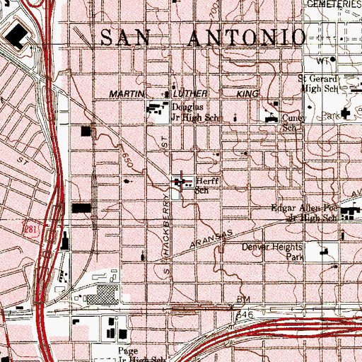 Topographic Map of Herff School, TX