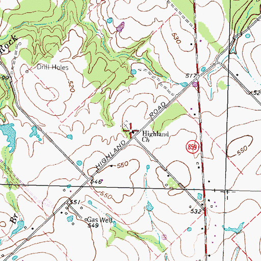 Topographic Map of Highland Church, TX