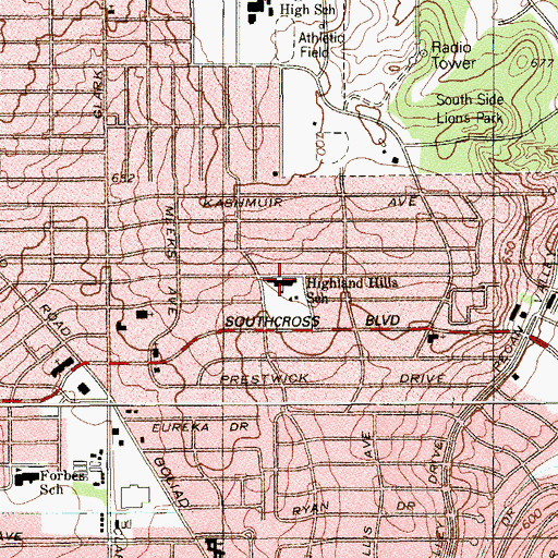 Topographic Map of Highland Hills School, TX