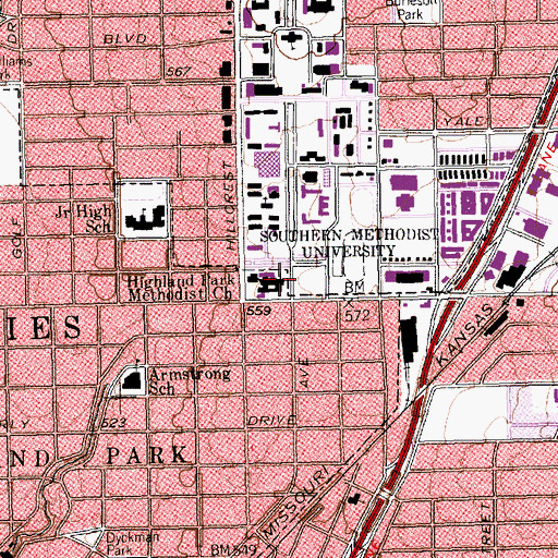 Topographic Map of Highland Park Methodist Church, TX
