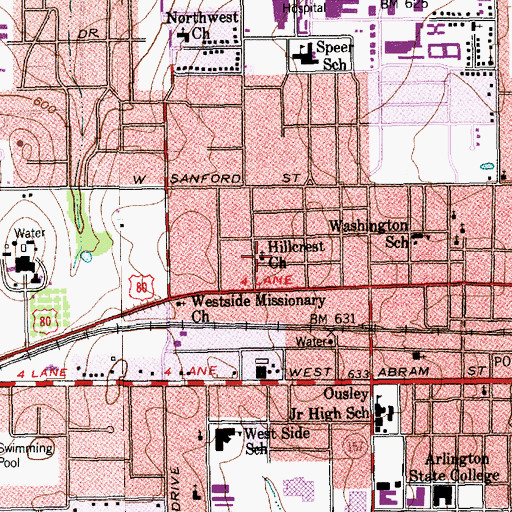 Topographic Map of Hillcrest Church, TX