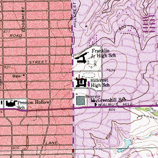 Topographic Map of Hillcrest High School, TX