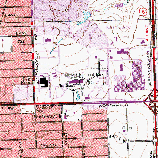 Topographic Map of Hillcrest Memorial Park, TX