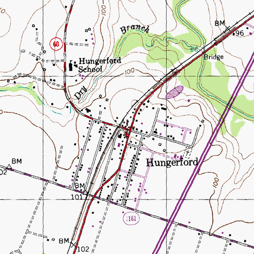 Topographic Map of Hungerford, TX