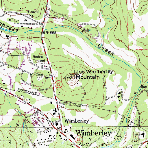 Topographic Map of Joe Wimberley Mountain, TX