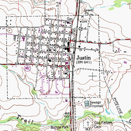 Topographic Map of Justin, TX