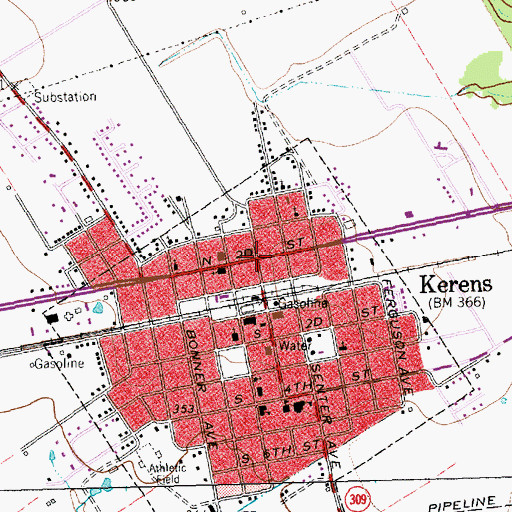 Topographic Map of Kerens, TX