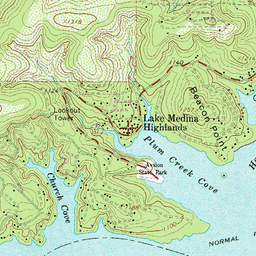 Topographic Map of Lake Medina Highlands, TX