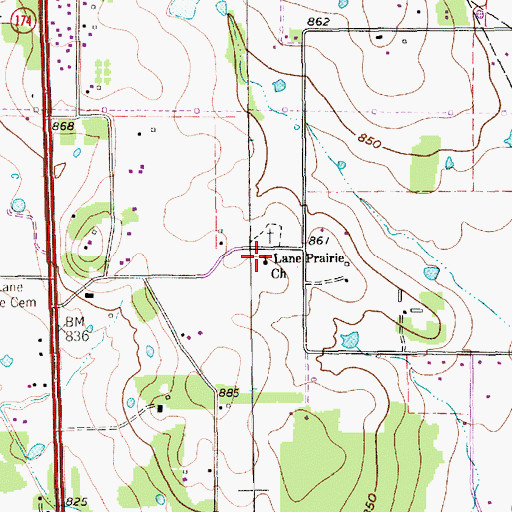 Topographic Map of Lane Prairie Church, TX