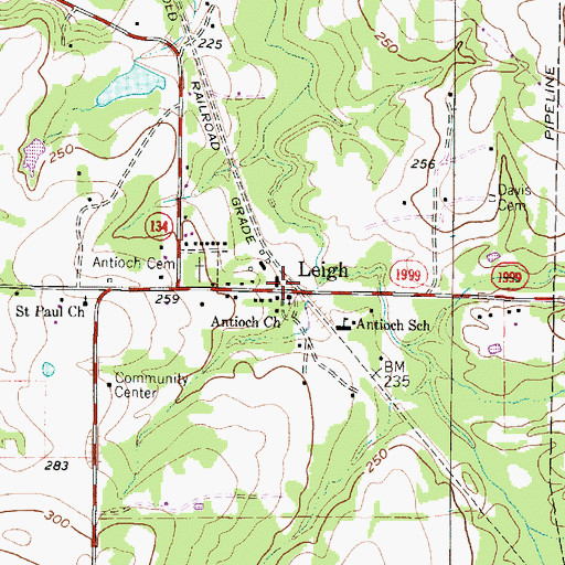 Topographic Map of Leigh, TX
