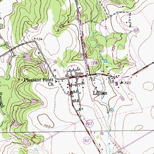 Topographic Map of Lillian, TX