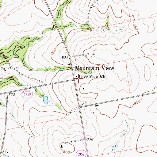 Topographic Map of Love View Church, TX