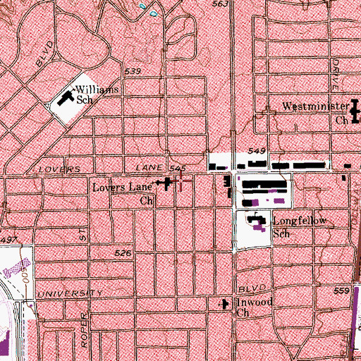 Topographic Map of Lovers Lane Church, TX