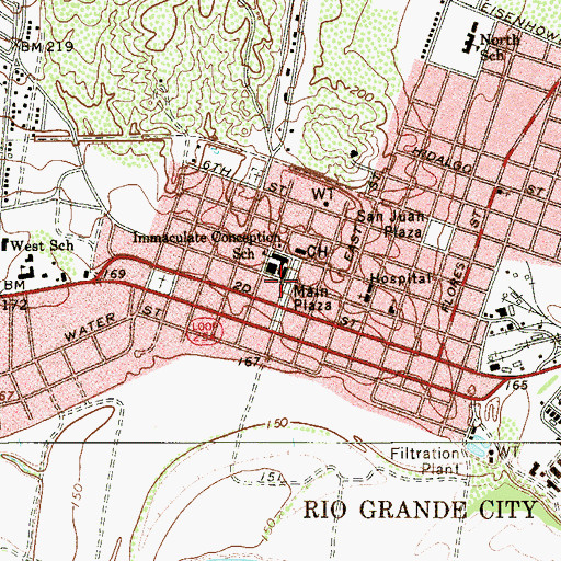 Topographic Map of Main Plaza, TX
