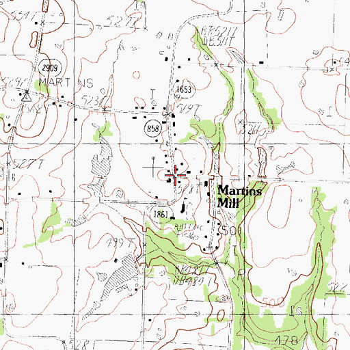 Topographic Map of Martins Mill, TX