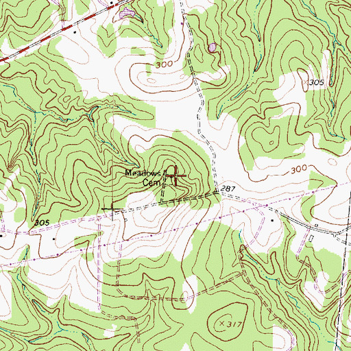 Topographic Map of Meadows Cemetery, TX