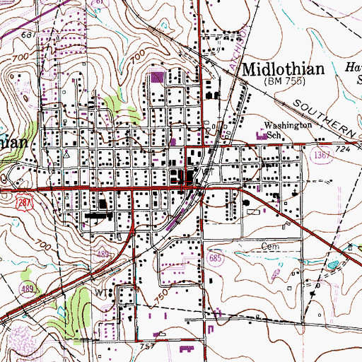 Topographic Map of Midlothian, TX