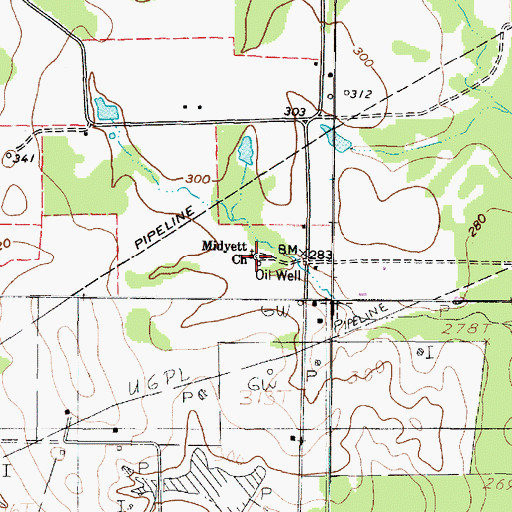 Topographic Map of Midyett Church, TX