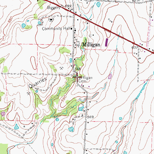 Topographic Map of Milligan Cemetery, TX