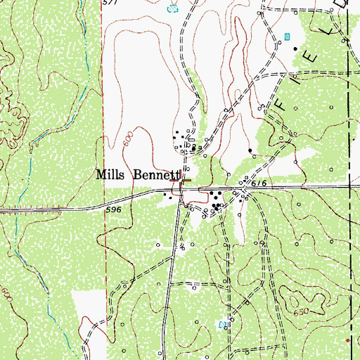 Topographic Map of Mills Bennett, TX