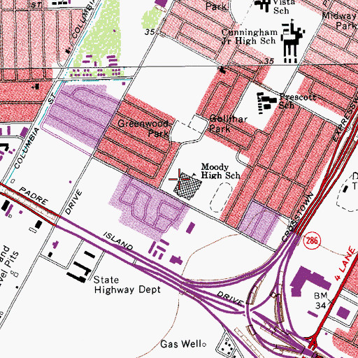 Topographic Map of Moody High School, TX