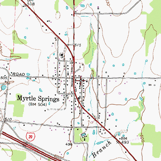 Topographic Map of Myrtle Springs, TX