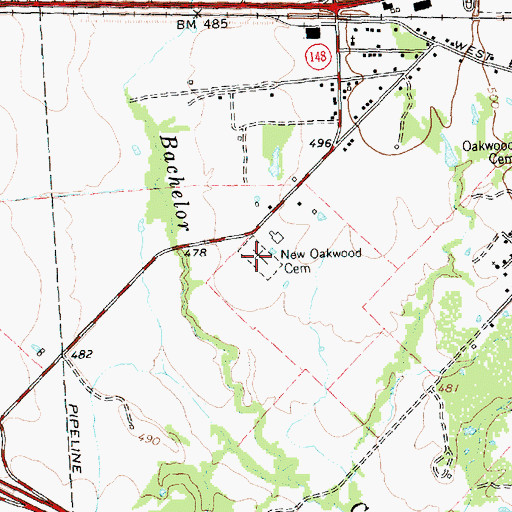 Topographic Map of New Oakwood Cemetery, TX