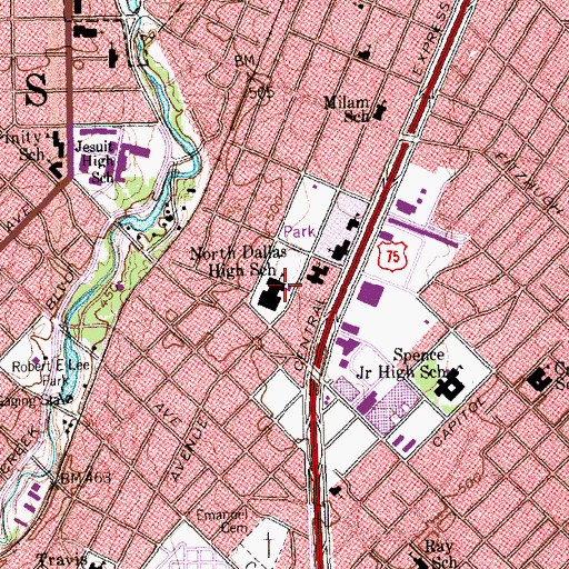 Topographic Map of North Dallas High School, TX