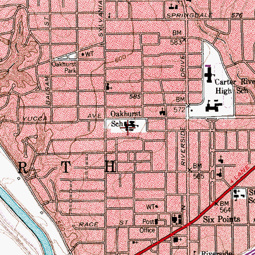 Topographic Map of Oakhurst School, TX