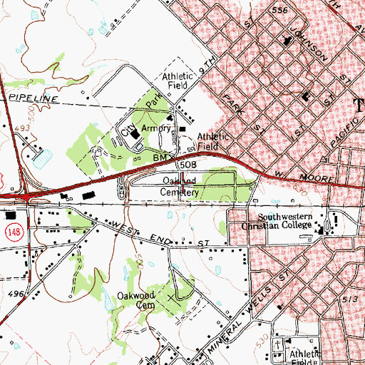 Topographic Map of Oakland Cemetery, TX