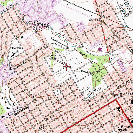 Topographic Map of Oakwood Cemetery, TX