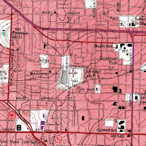 Topographic Map of Oakwood Cemetery, TX