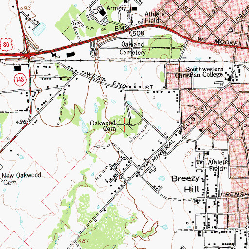 Topographic Map of Oakwood Cemetery, TX