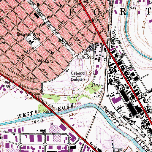 Topographic Map of Oakwood Cemetery, TX