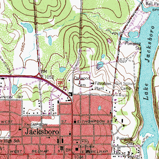Topographic Map of Oakwood Cemetery, TX