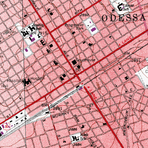 Topographic Map of Odessa, TX